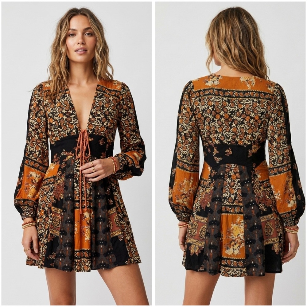 Free People Barely There Mini Dress Black Floral Patchwork Boho XS OB1258449